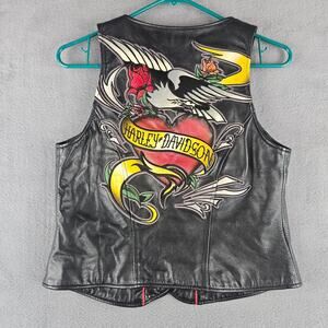 Harley Davidson Crimson Heart Embroidered Black Leather Vest Size Small